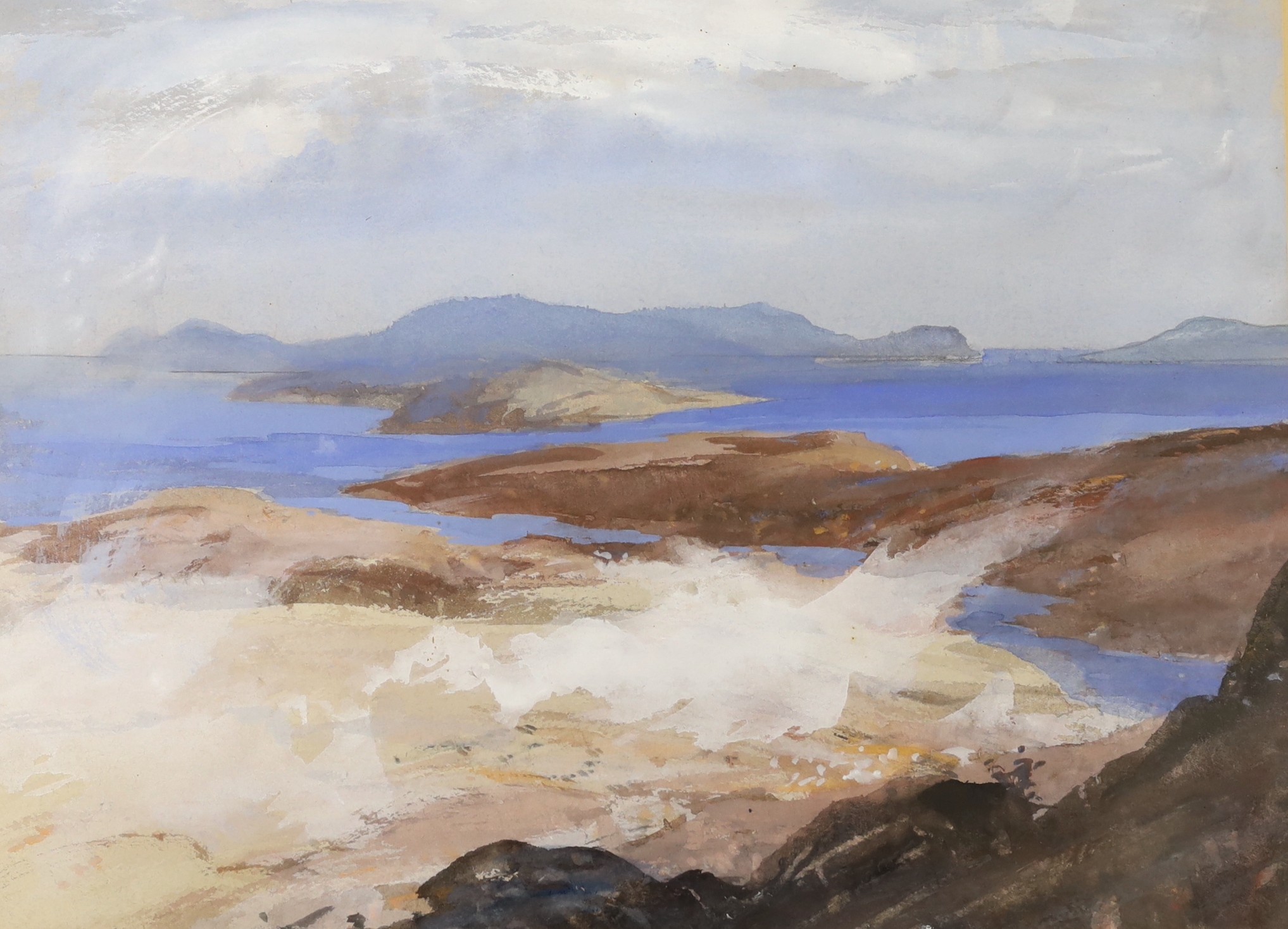 Cecil Arthur Hunt R.W.S. (1873-1965), watercolour, 'Vulcan's Isle, Sicily', labels verso, 28 x 38cm
